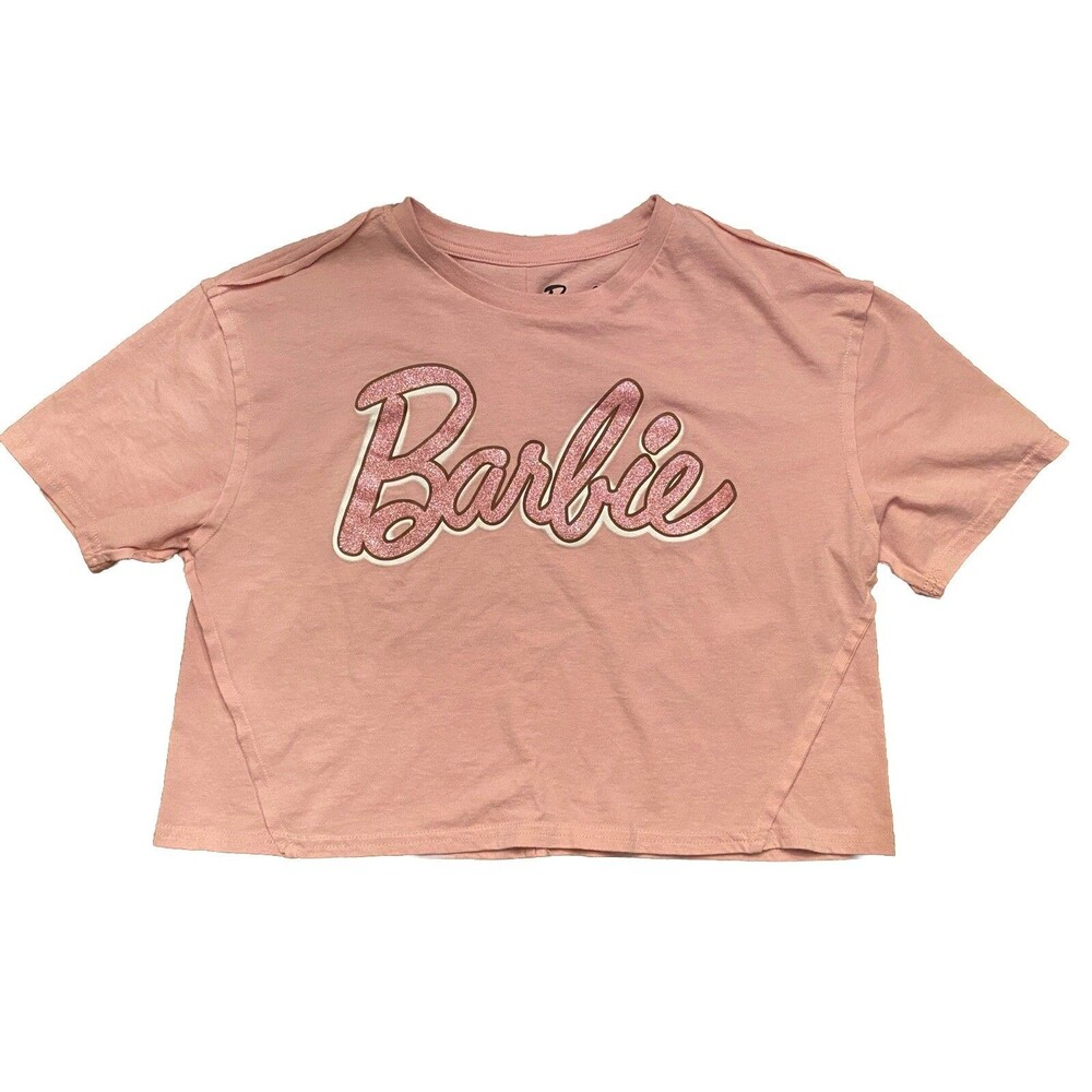 Mattel Barbie Short Sleeve Pink Sparkle  Crop Shirt Womens M Authentic Barbie